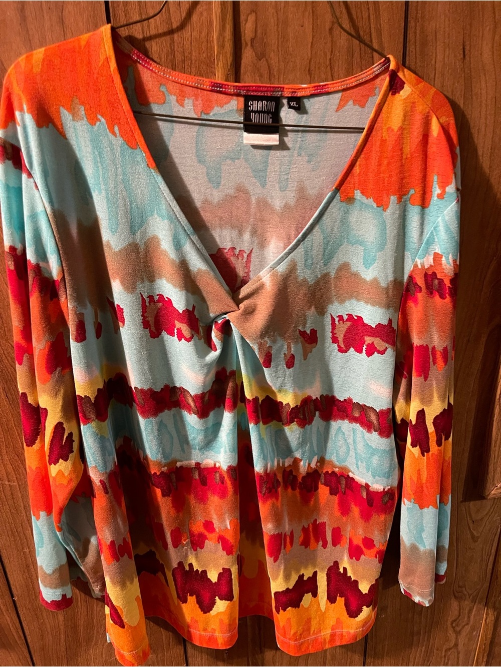 Sharon Young Multicolor Twist-Front V-Neck Top - Aqua, Orange, Red